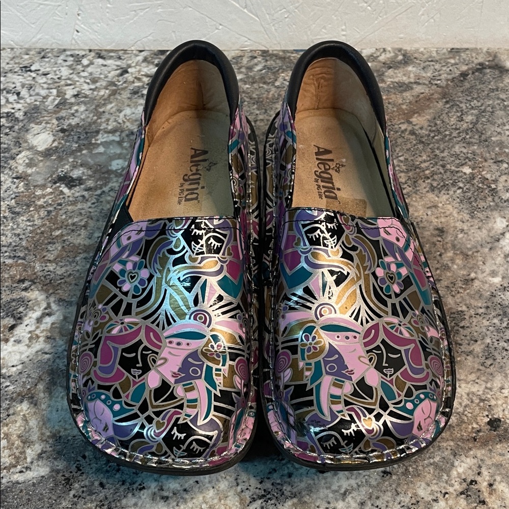 Alegria Women's Slip-On Clogs in Black with Pink, Teal & Purple Pattern